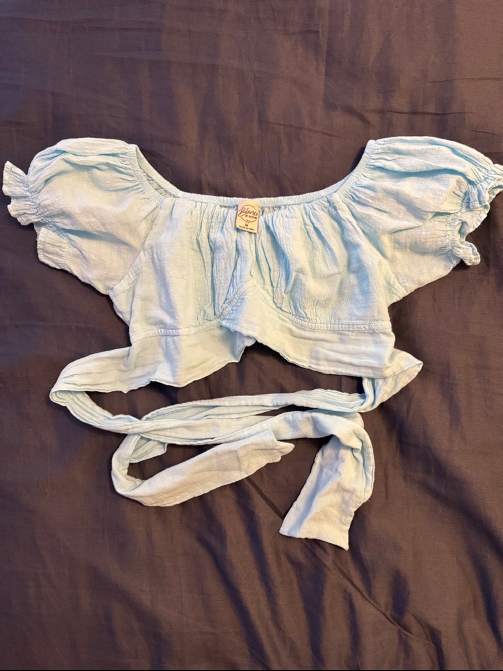 Blanco by Nature Light Blue Tie-Front Peasant Crop Top